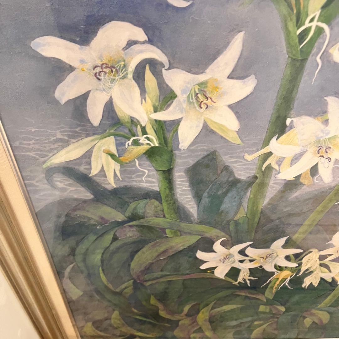 百合　ユリの花 水彩画　はまゆう　シルバーフレーム　40号　壁掛け