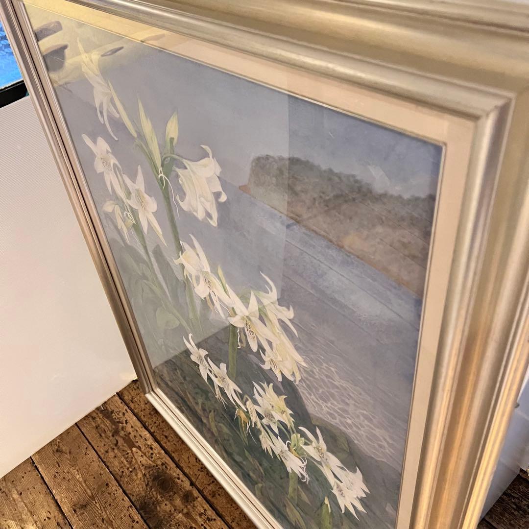 百合　ユリの花 水彩画　はまゆう　シルバーフレーム　40号　壁掛け