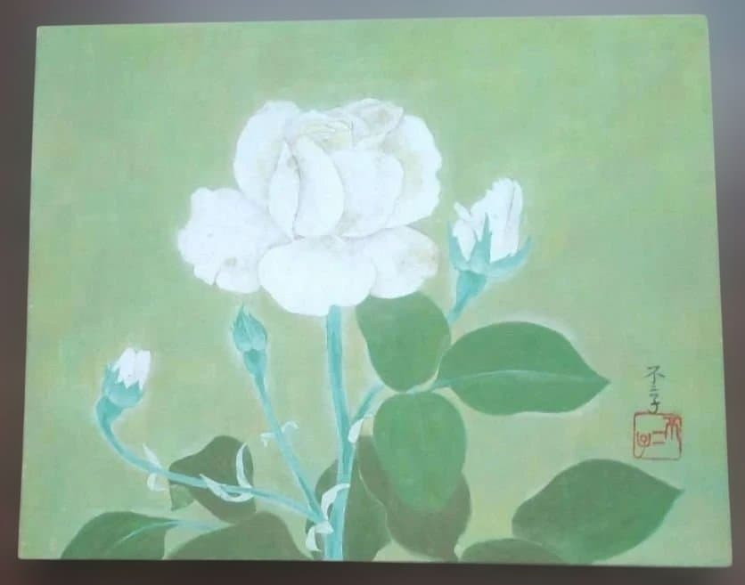 日本画 花 額装 ガラス