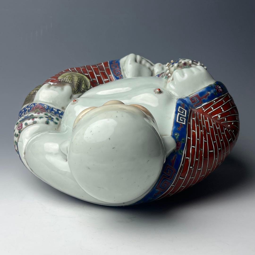 優美 粉彩布袋 江西景徳 朱茂記造 底款 色絵 布袋像 座布団付 仏教中国美術