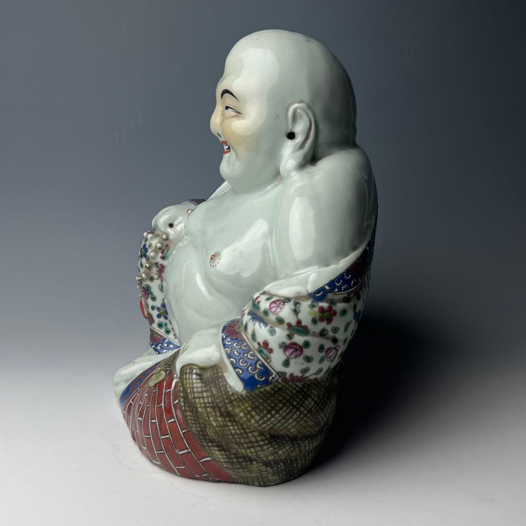 優美 粉彩布袋 江西景徳 朱茂記造 底款 色絵 布袋像 座布団付 仏教中国美術