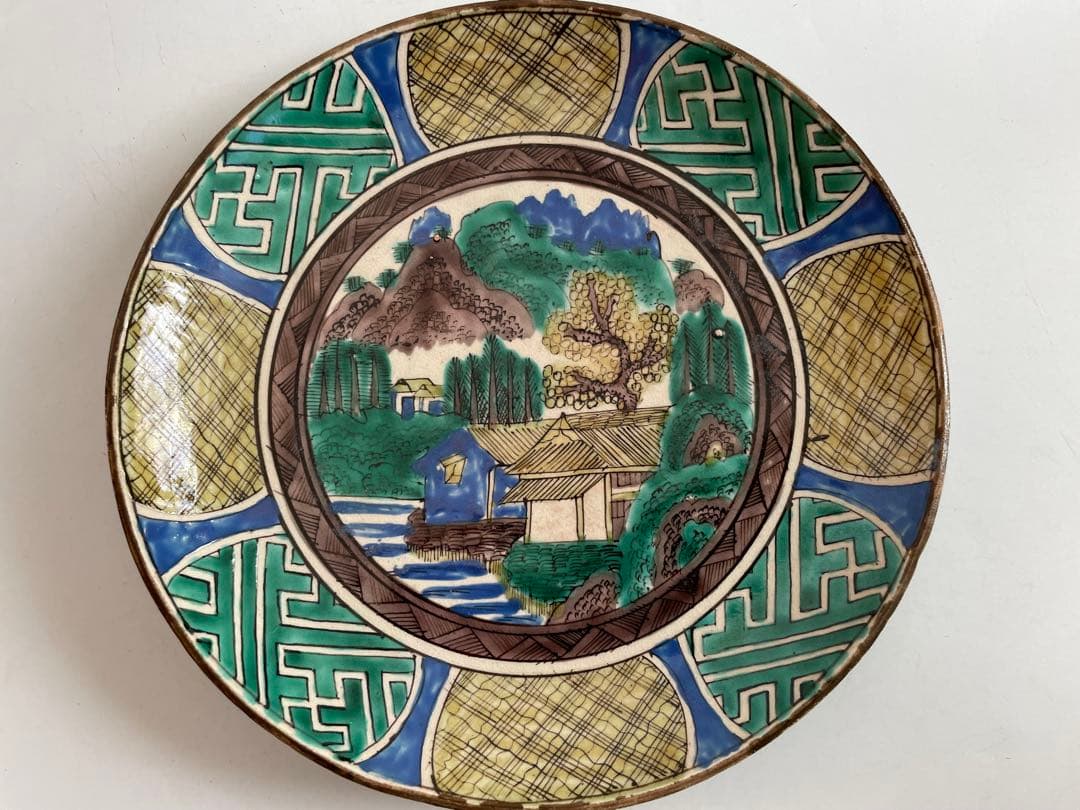 骨董　アンティーク　青手九谷　山水図　皿　絵皿　古九谷　角福