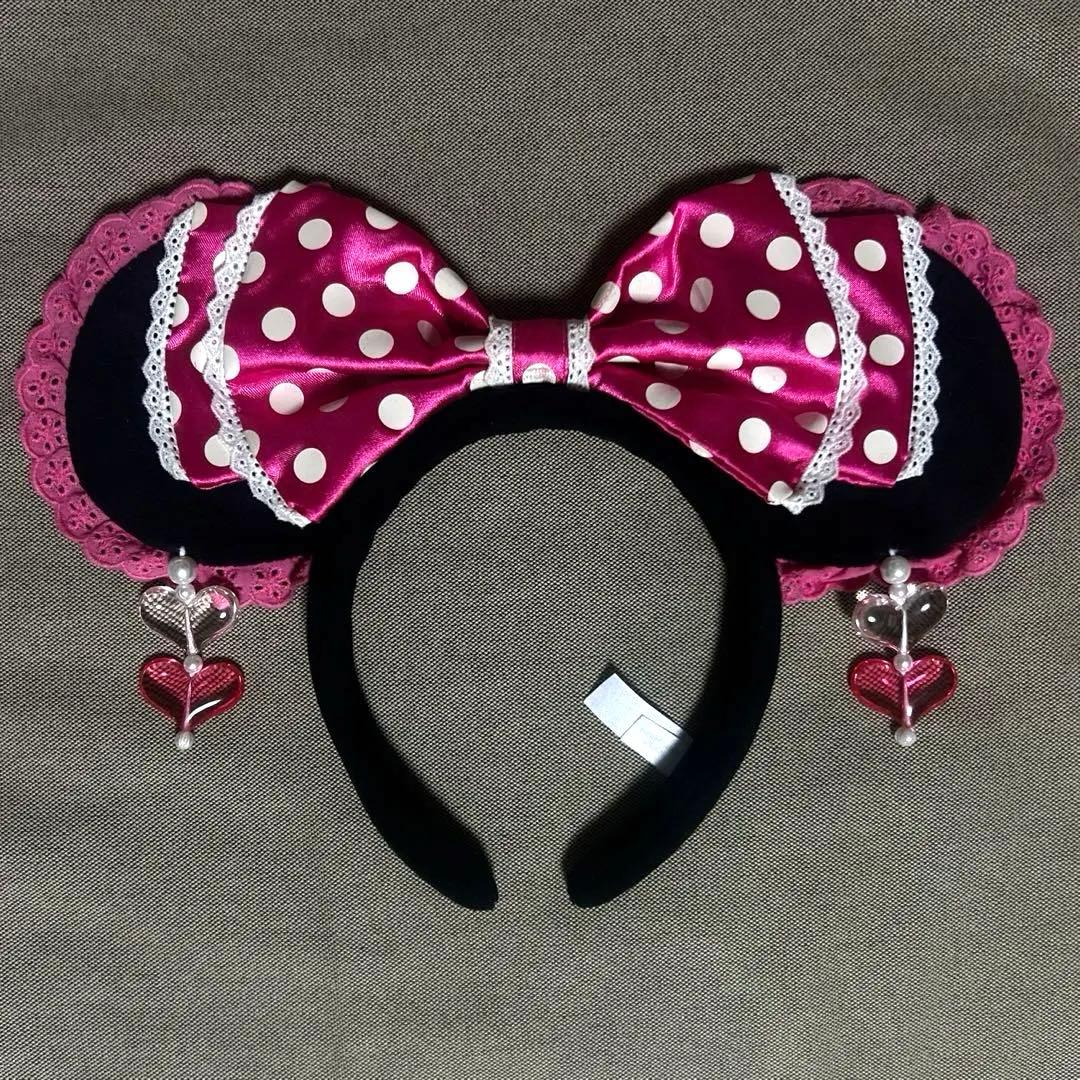 ディズニー　ミニー 　ハート　イヤリング付きカチューシャ　ピンク　リボン　水玉