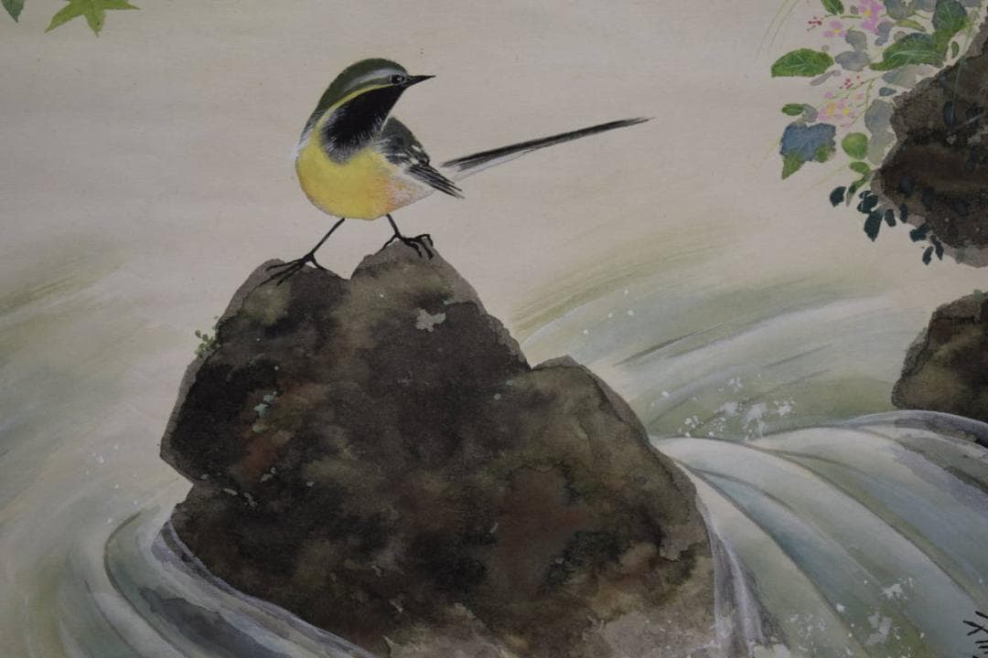 真作/大路孫三郎/青楓にせきれい図/桐共箱付/布袋屋掛軸HH-952