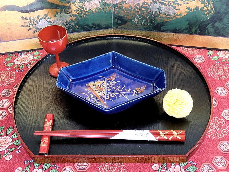 古伊万里　瑠璃　扇に桔梗の図　菱形変形皿　２客　D039AS-DAm