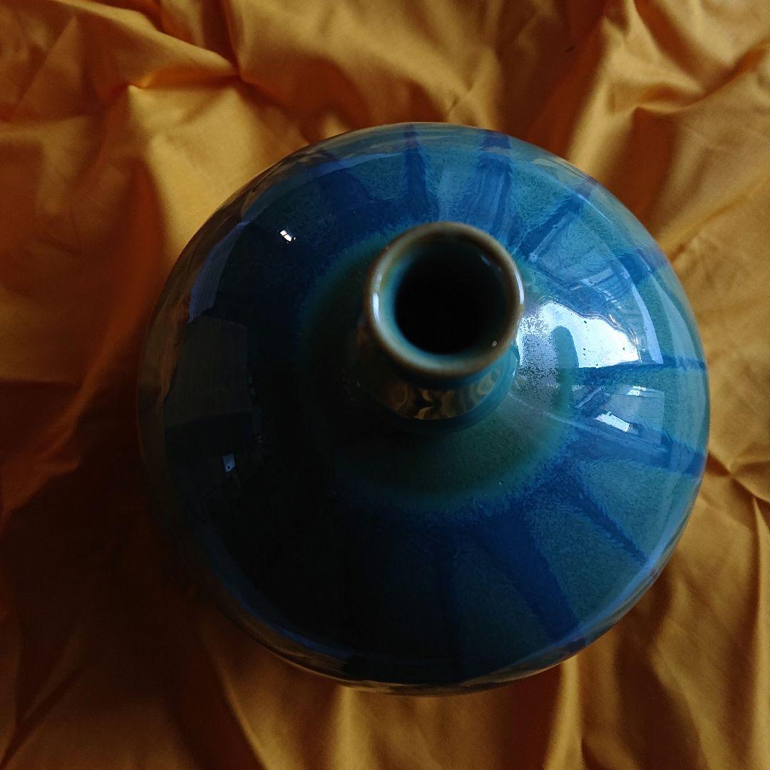 花器 緑釉線紋 小杉焼 池上栄一 氏作 共箱入