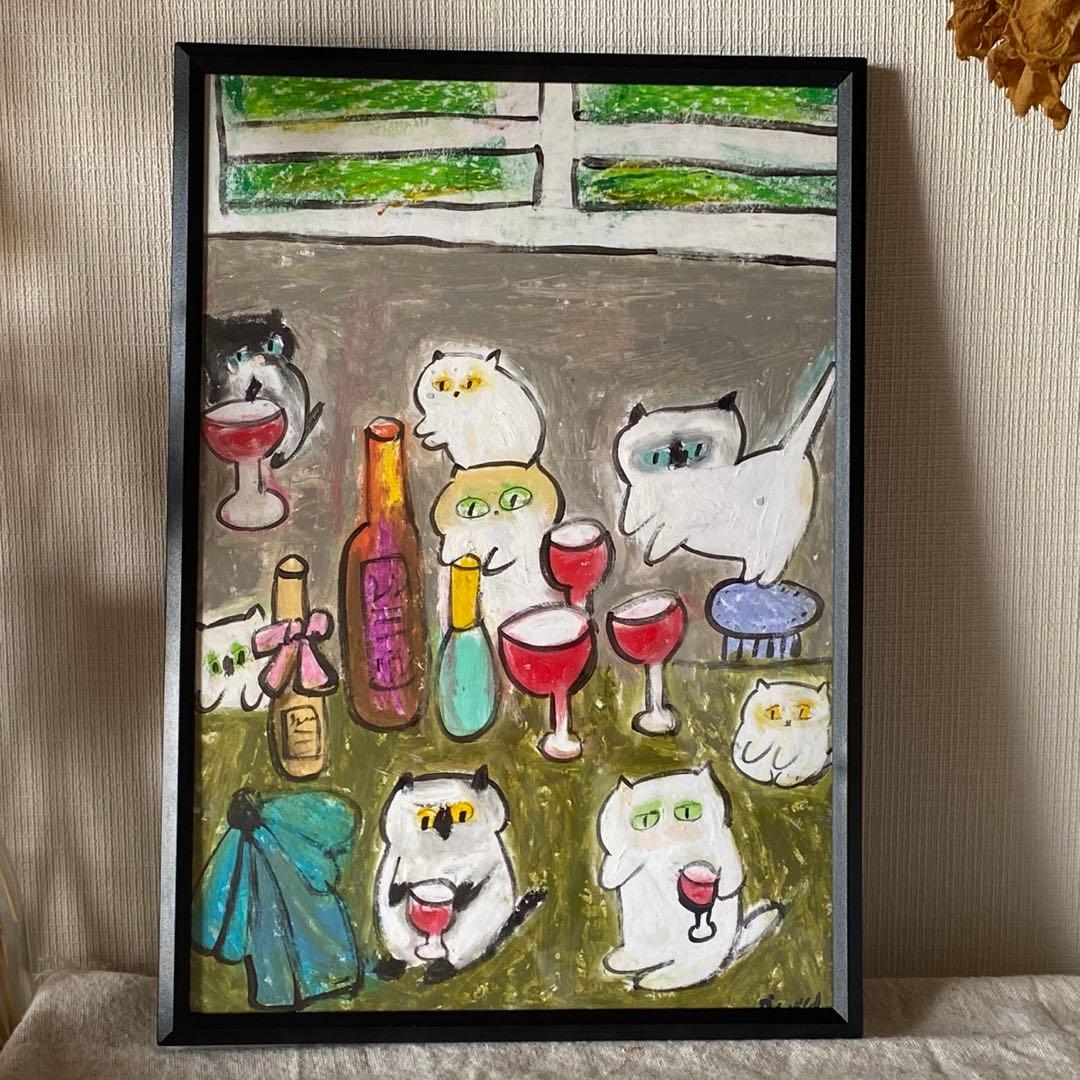 絵画 。壁掛け絵原画手描き【かわいい猫たちの楽しいワインパーティー】