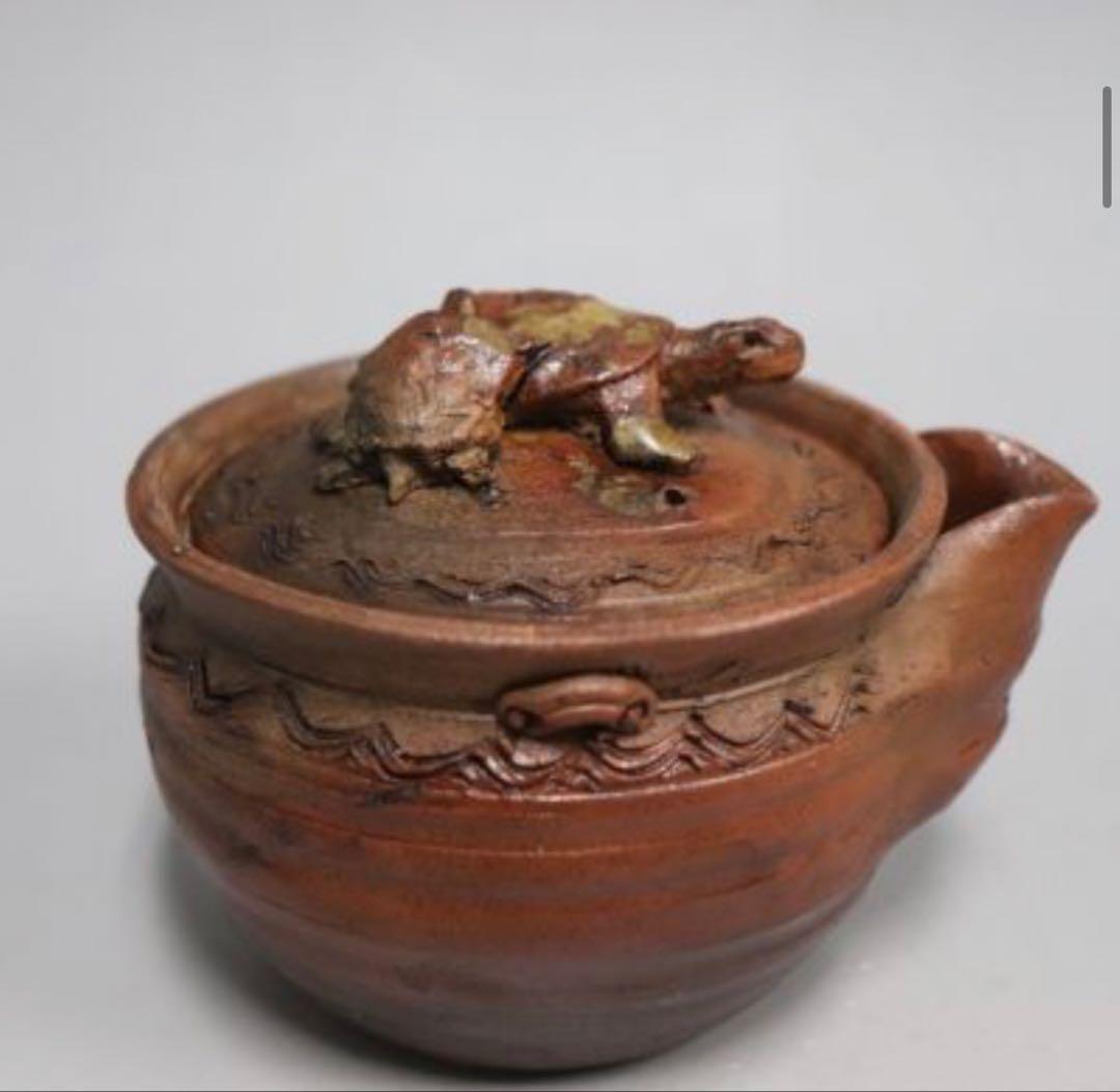 カセ赤秞備前焼名工岡安宮山人作備前陶器亀摘手造宝瓶長寿母子亀