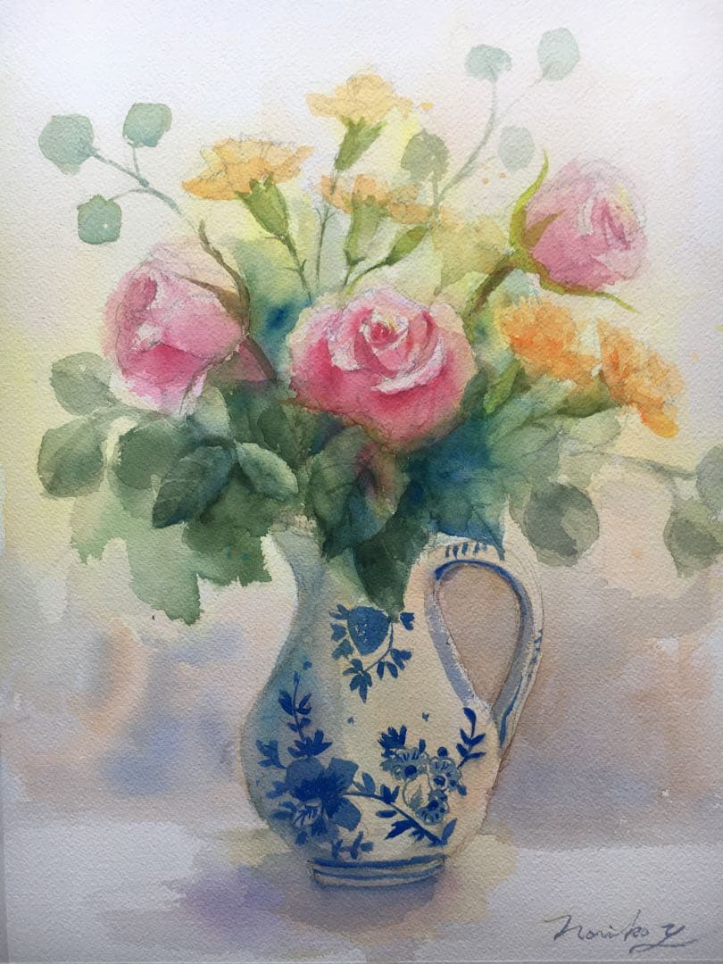 透明水彩画原画デルフト焼きの花瓶と春の薔薇たち④