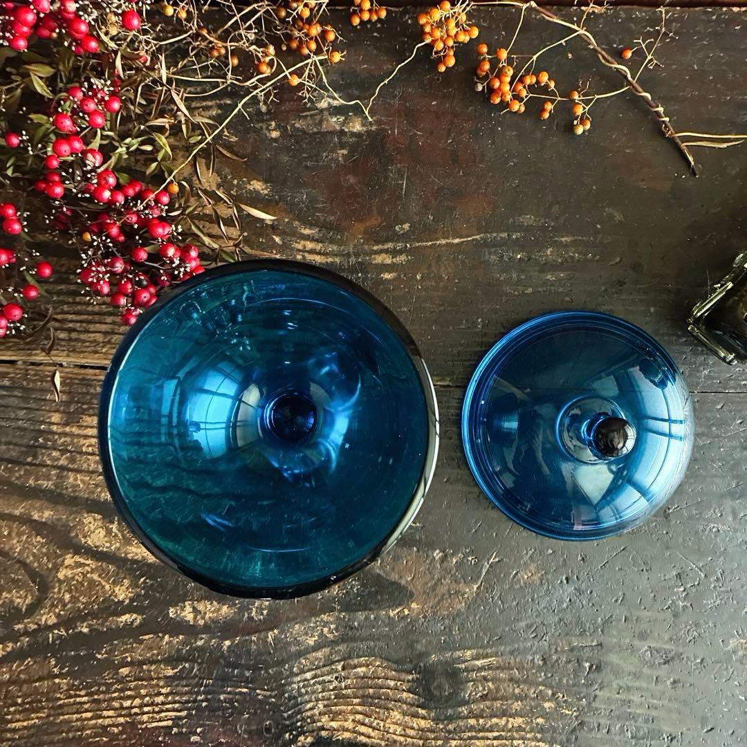 骨董　時代ガラス　ピーコックブルー　アールデコ調プレス　納戸色　ボンボニエール