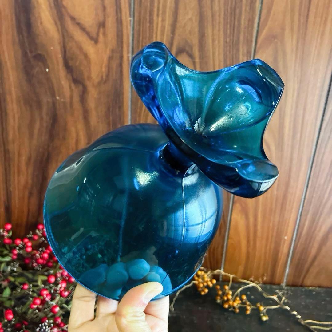 骨董　時代ガラス　ピーコックブルー　アールデコ調プレス　納戸色　ボンボニエール