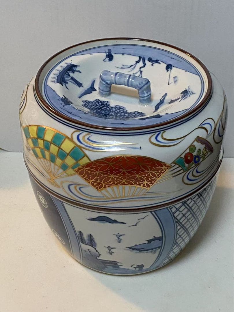 染付金蘭手山水文扇面文水指建水蓋 置物 時代物