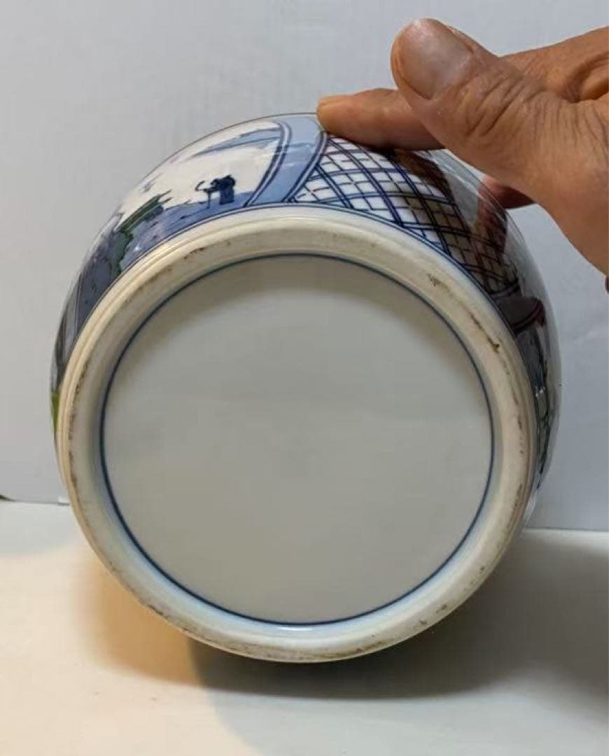 染付金蘭手山水文扇面文水指建水蓋 置物 時代物