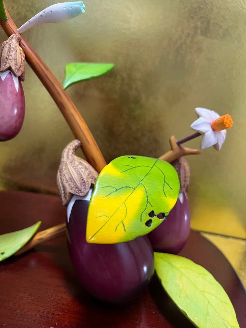 小針春水 茄子 色彩 彩色 極上 細密 彫刻 置物 縁起物