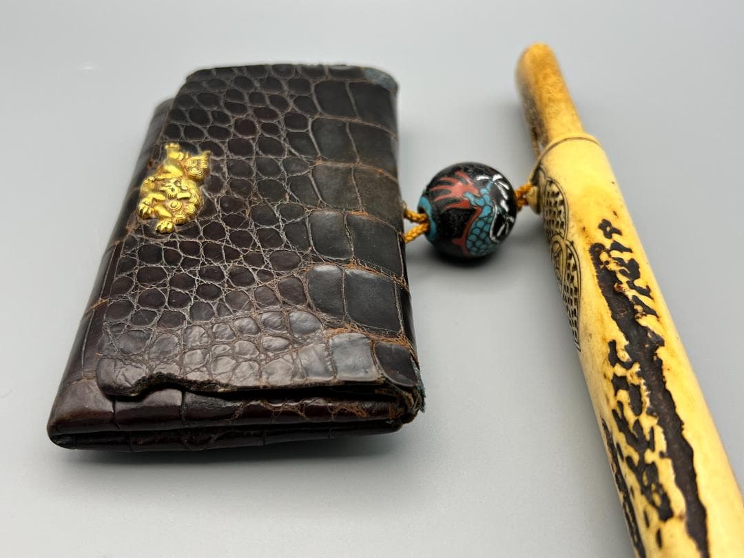 江戸明治時代　獅子図金具　骨製キセル入れ　大玉龍図根〆　銀製キセル　重量170g