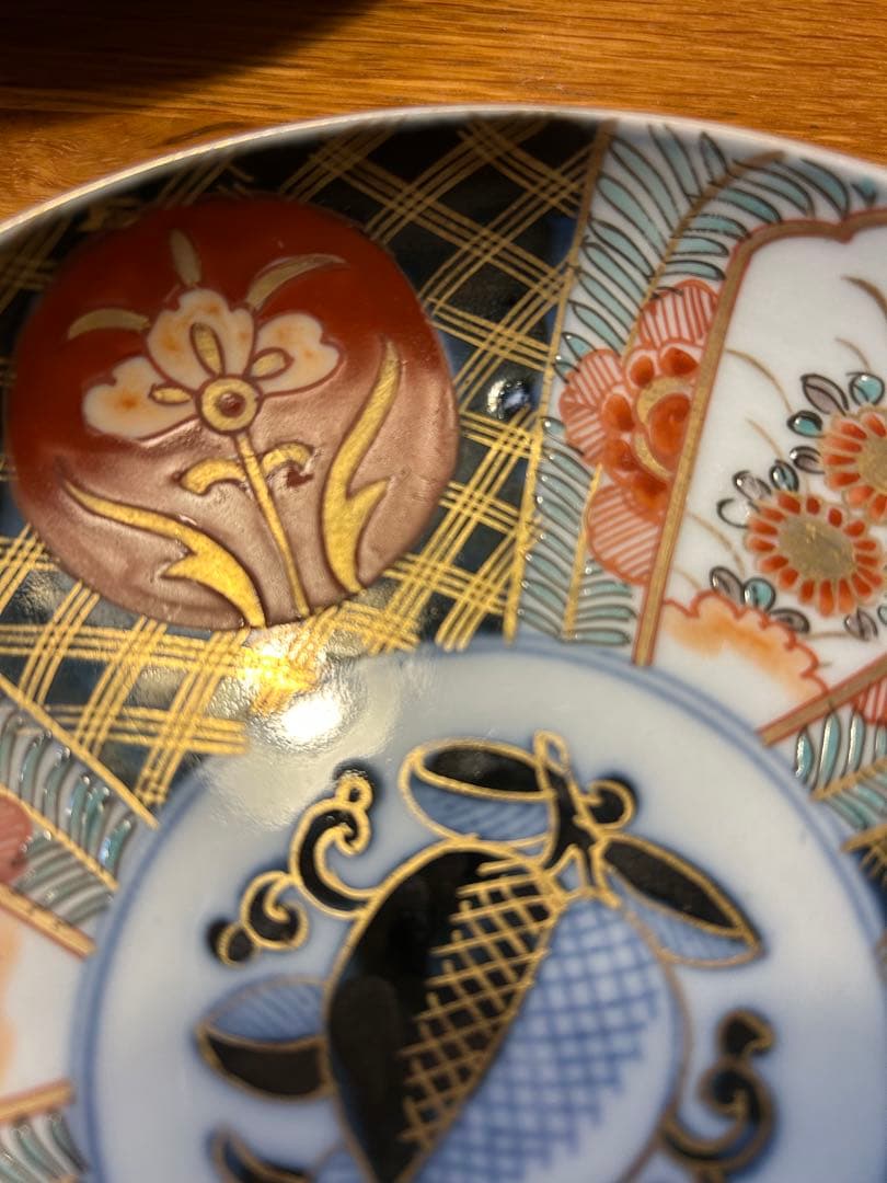 桃小菊杜若赤絵金彩中皿　5枚セット　アンティーク　角冨　伊万里焼