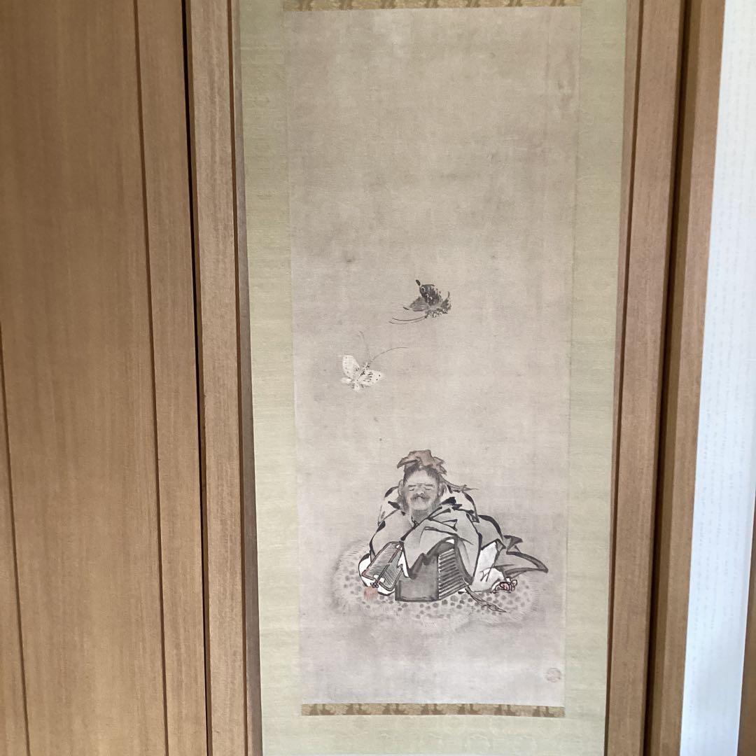 英　一蝶　　淡彩画　《　蝶に唐人図　掛軸一幅　》肉筆　鹿角　落款在　模写　237