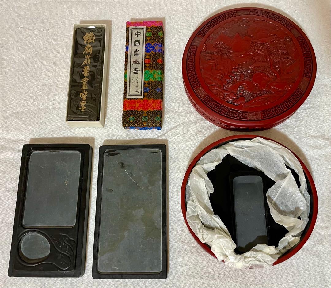中国書画墨セット 硯2点 朱塗箱付