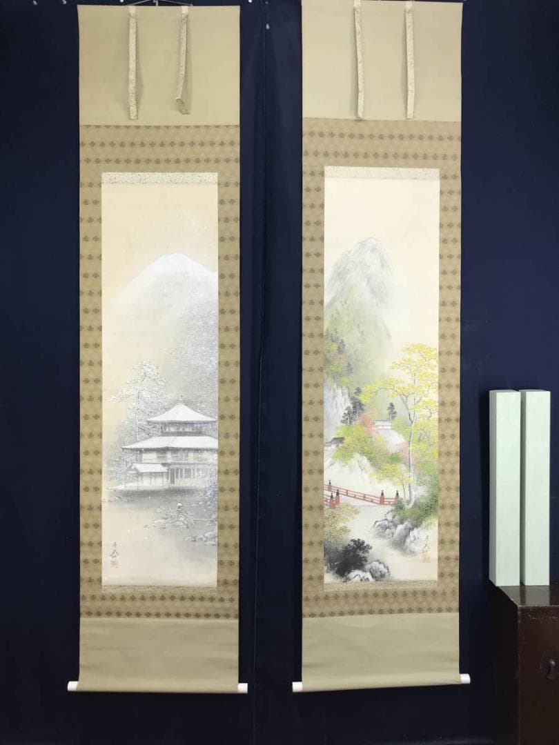 【真作】渡辺石華/秋冬山水図/対幅/京山水図/掛軸/名家伝来/AD-754