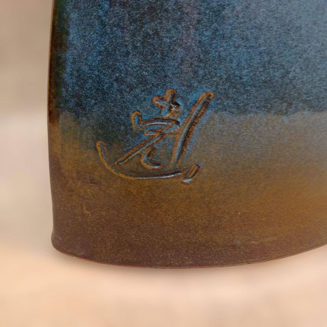 フクロウの陶器　作家物　花器　花瓶 ブルー　グラデーション