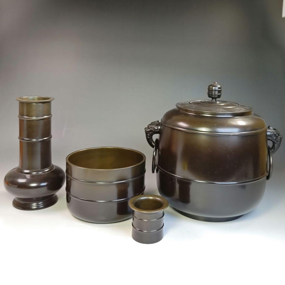 イ527 皆具『鋳師　金森浄栄』『唐銅　皆具　共箱』水指　杓立　蓋置　建水