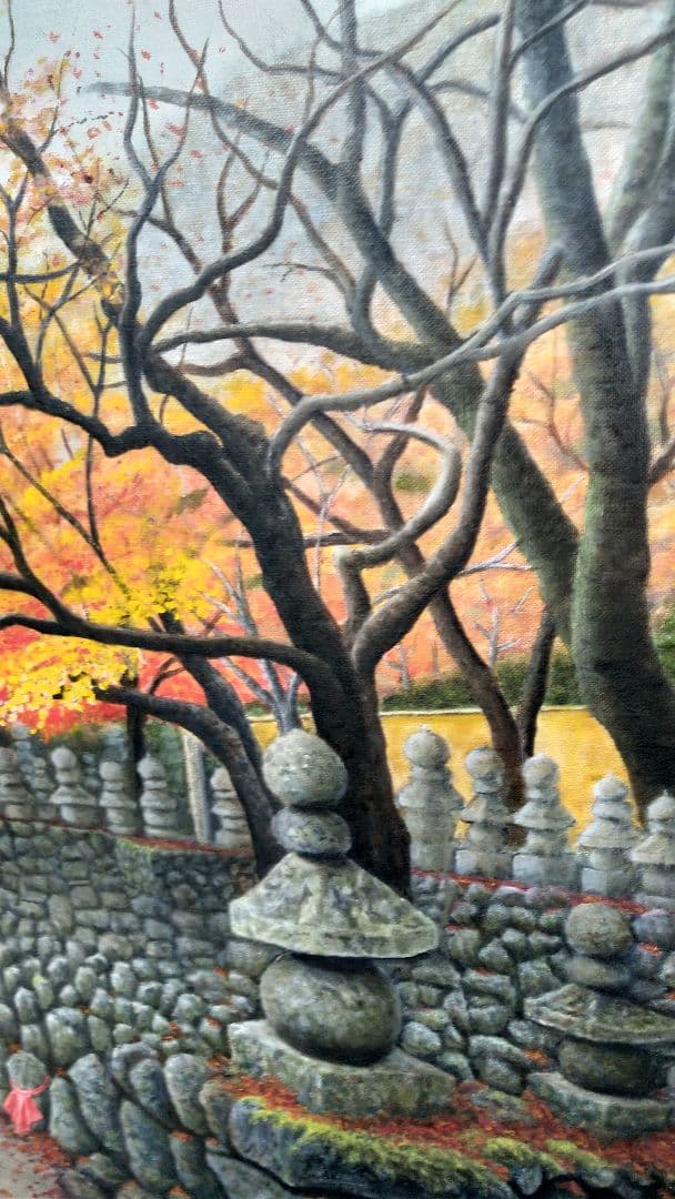油彩 秋の京都「化野念仏寺」風景画 油絵 油彩画 絵 絵画 寺 原画 P30号