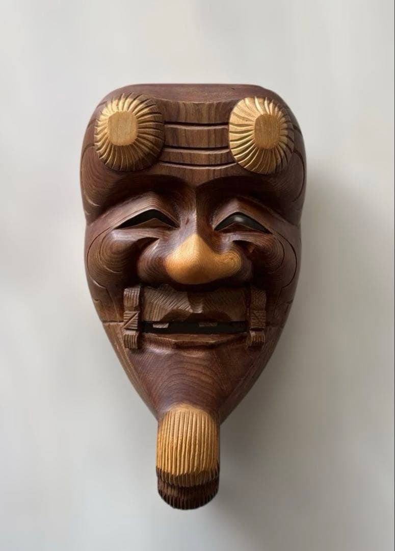 【良品・壁掛け可能です】木製 翁面　木彫り 刻山