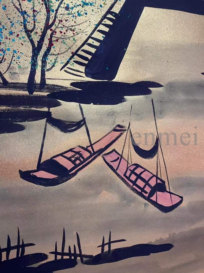 中国古美術・旧藏・近現代・吳冠中款・金箋・山水風景画・中堂掛軸・純手描き・書画