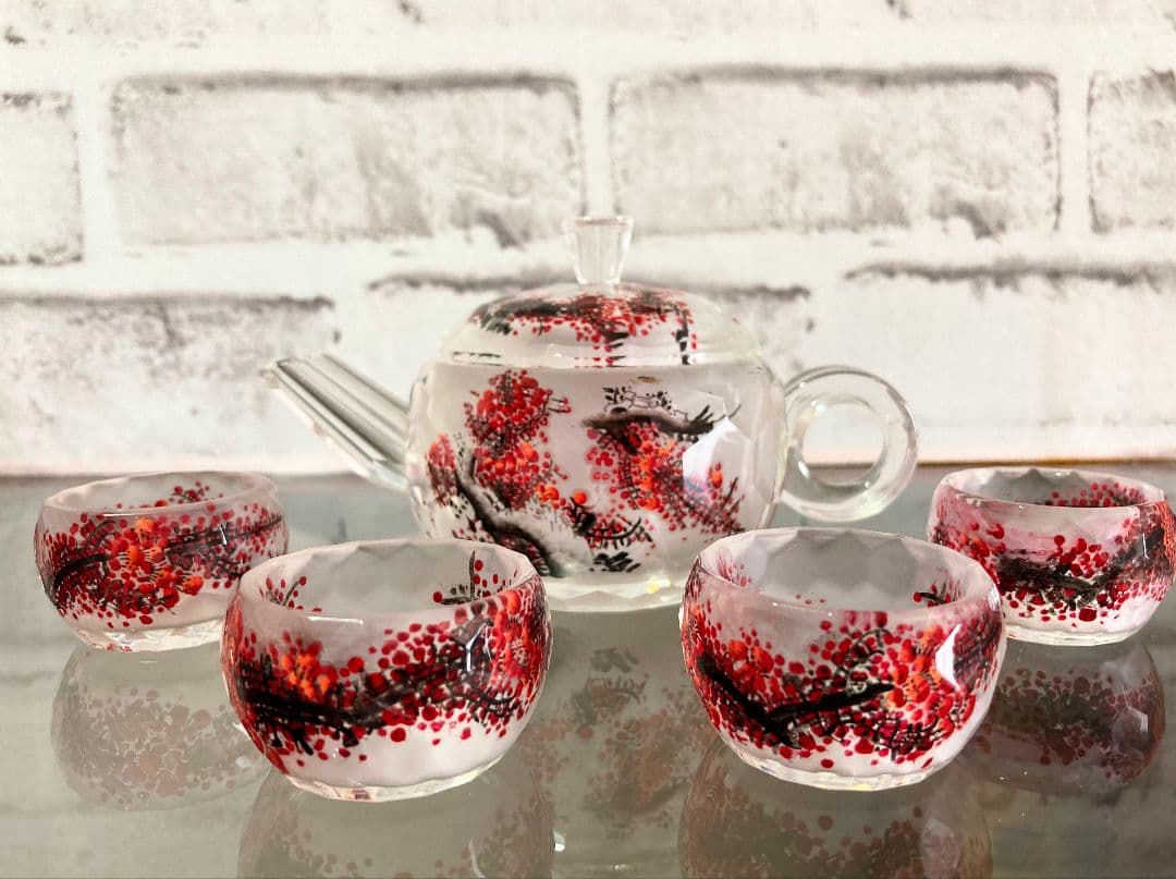 ◇中国ガラス茶器 紅梅図 手描き 清香銘作 ◇