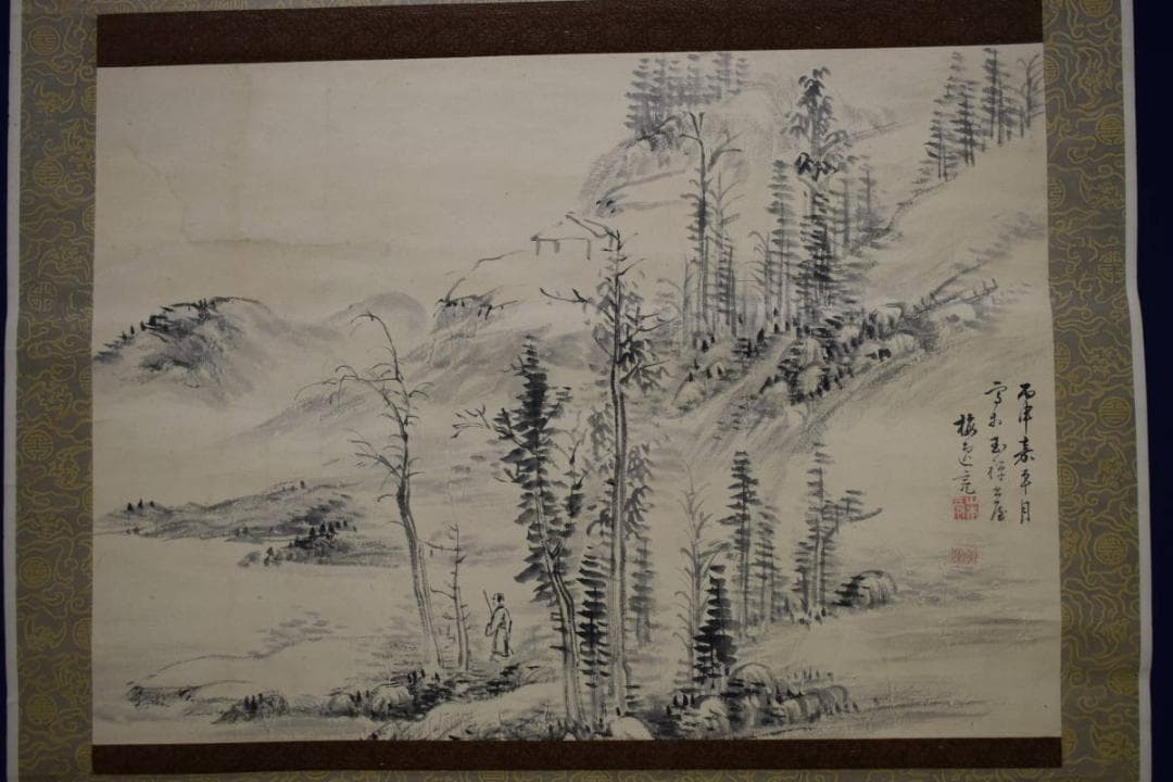 真作/山本梅逸/山水人物図/布袋屋掛軸HF-668