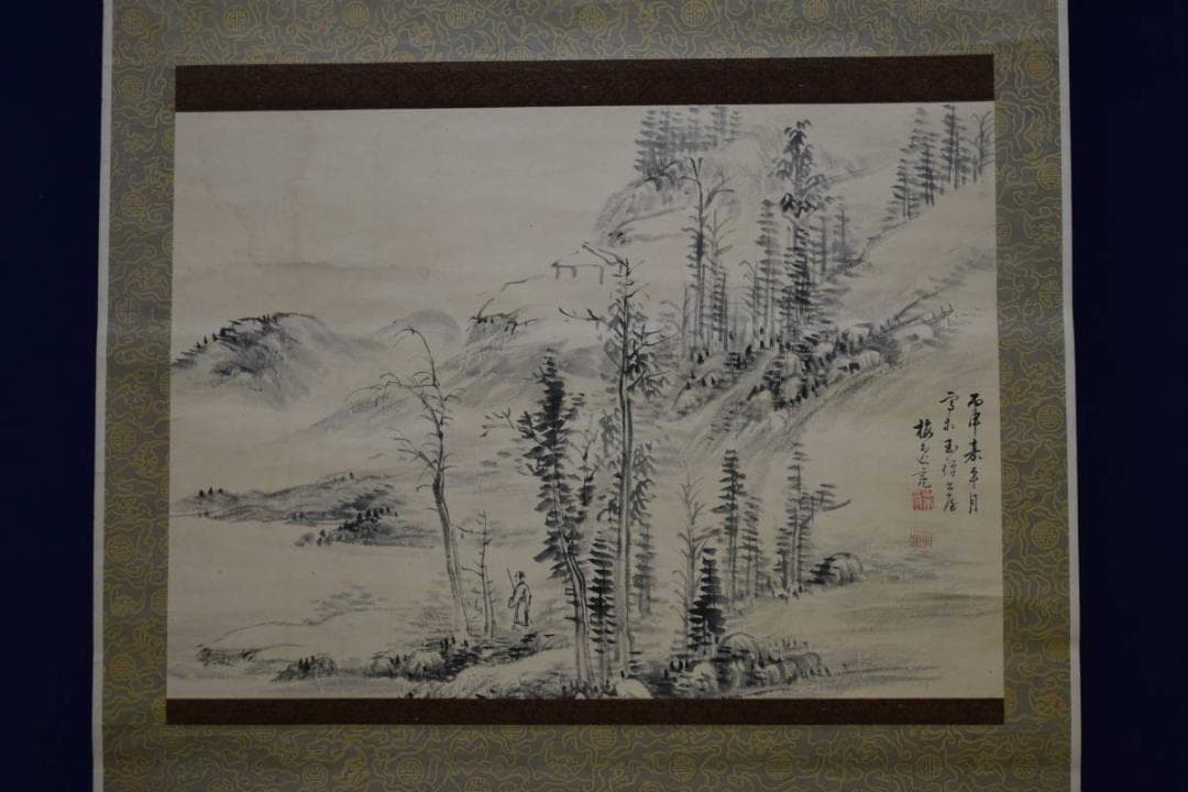 真作/山本梅逸/山水人物図/布袋屋掛軸HF-668