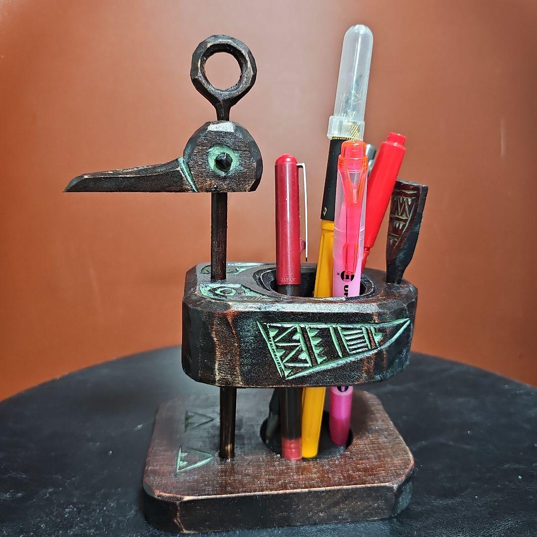 阿部紀男「鉛筆立て」アイヌ彫り 木彫り