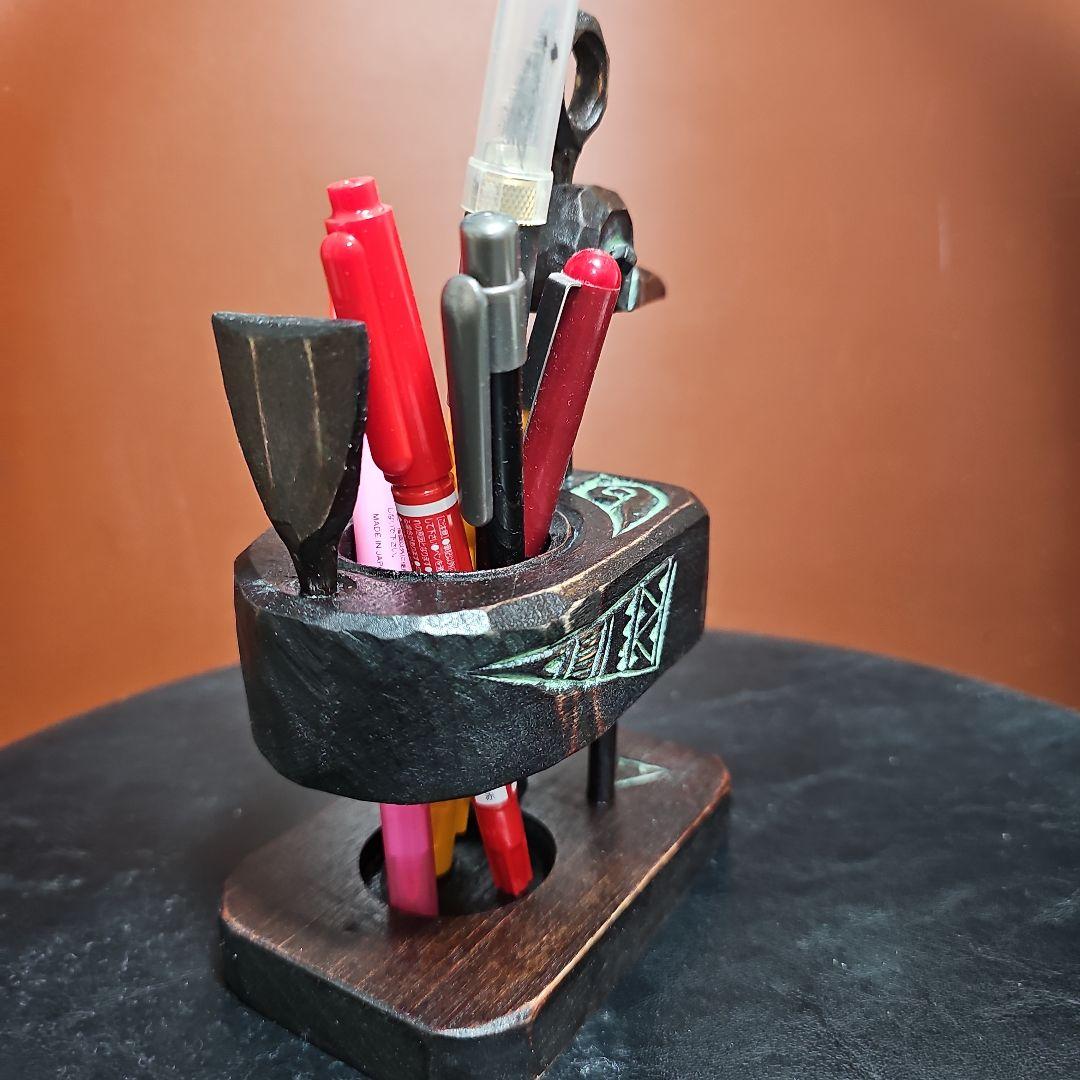 阿部紀男「鉛筆立て」アイヌ彫り 木彫り