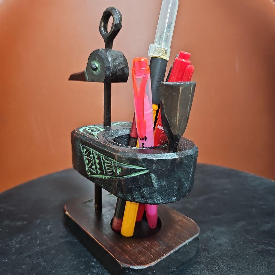 阿部紀男「鉛筆立て」アイヌ彫り 木彫り