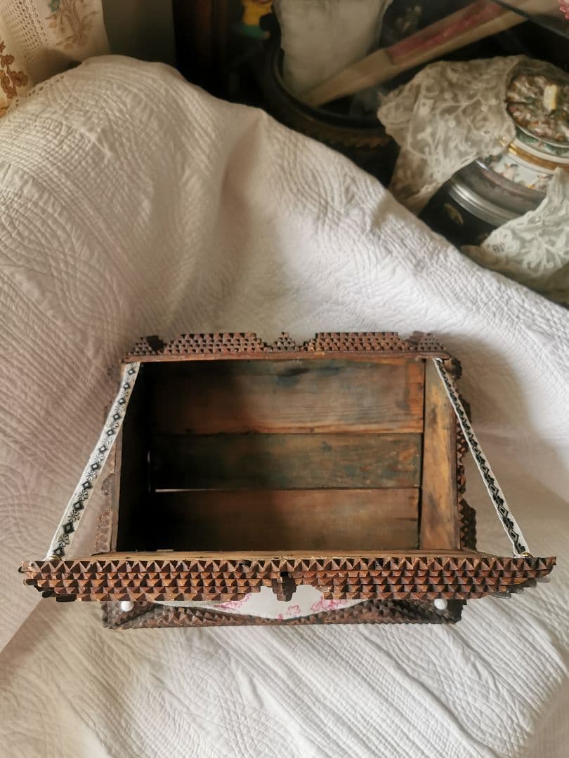 アンティーク トランプアート 木工レース細工ボックス 針箱 フレンチファブリック