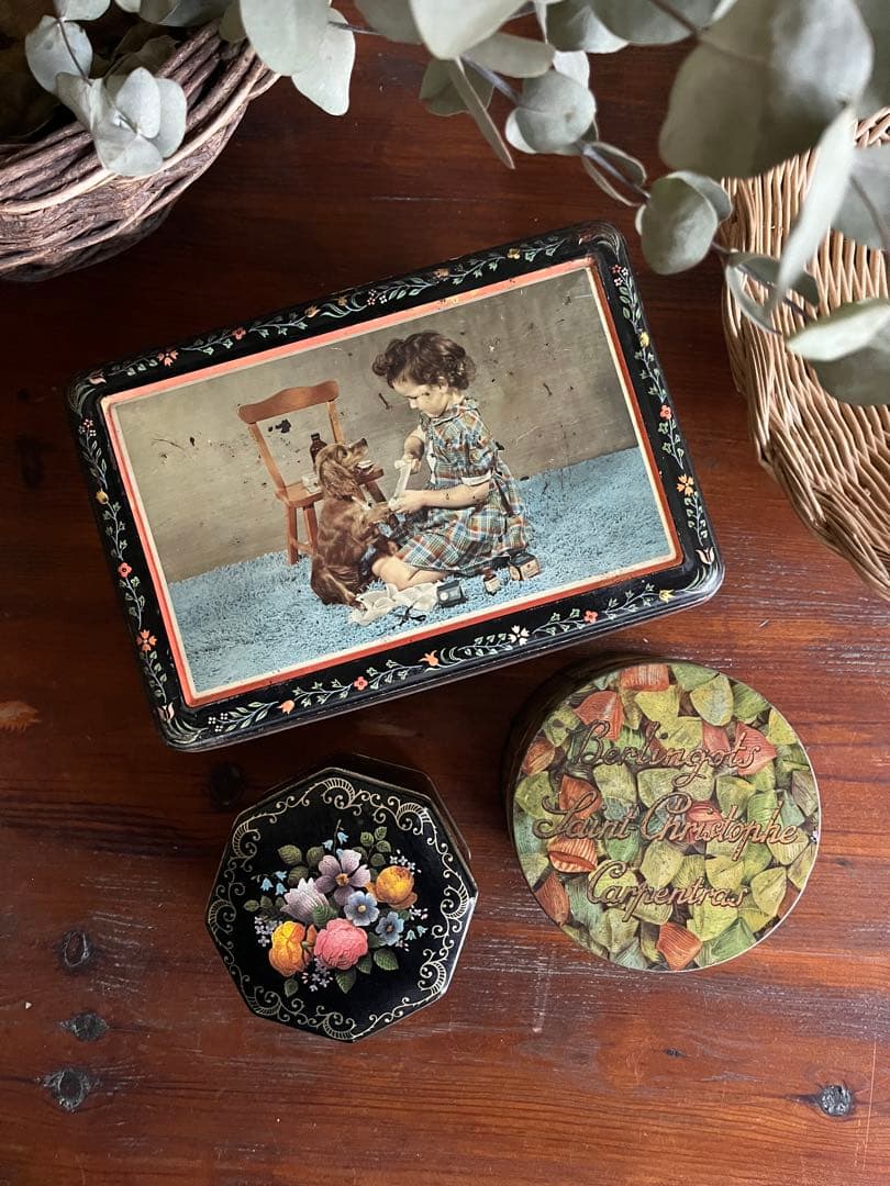 ◆フランス雑貨｜ティン缶セットブリキ缶お菓子箱ケースサビあり花柄キャンディー
