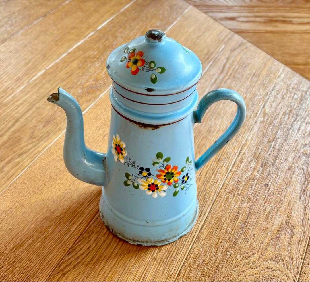 フランスアンティーク ホーローコーヒーポット ブルー 手描きのお花