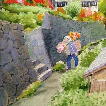 絵画「里山は実りの秋」　水彩画