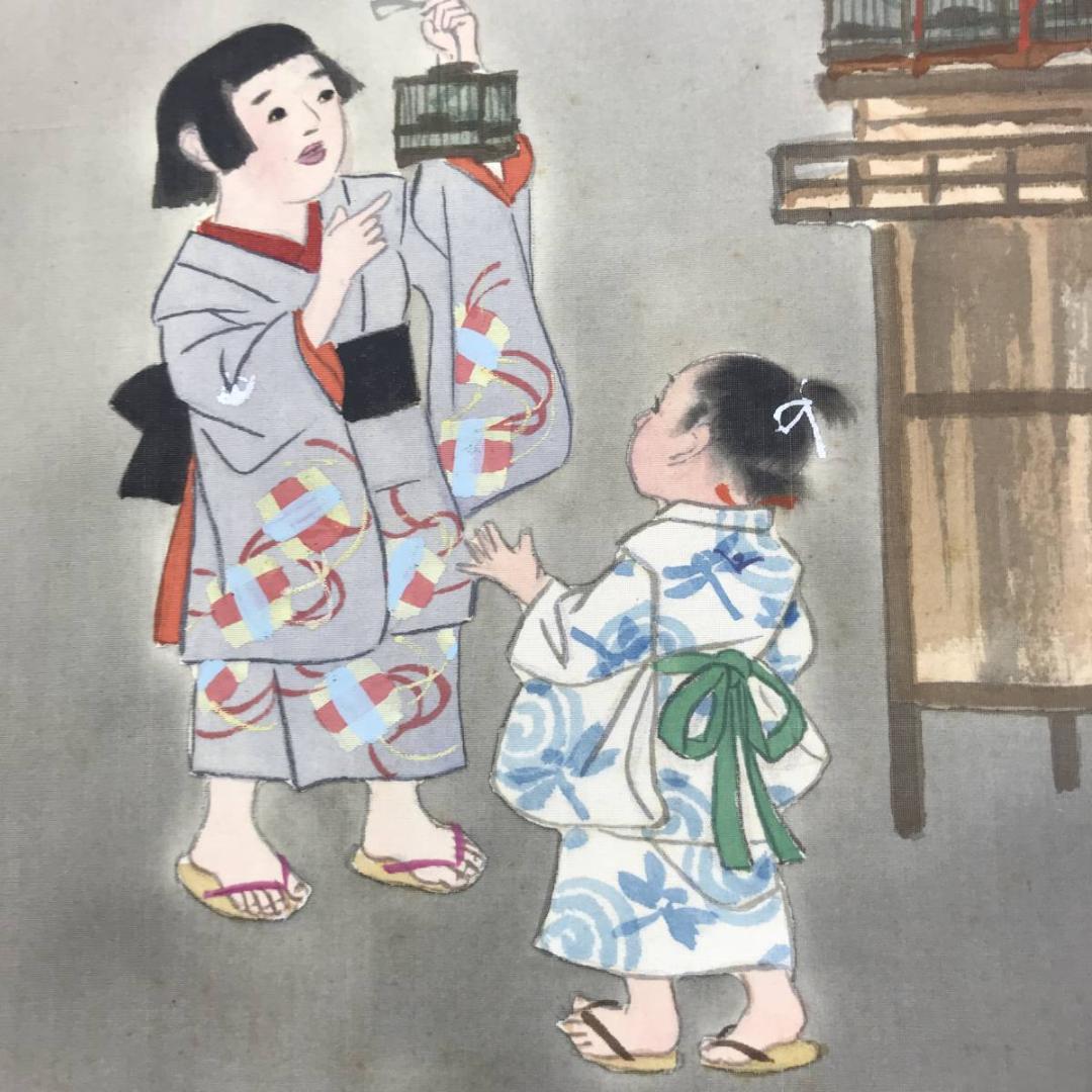 【真作】英挙/むしうり図/虫売り図/美人図/横物/掛軸/名家伝来/AD-197