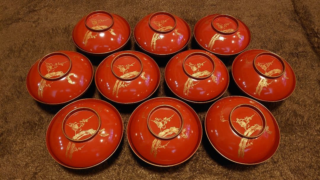 輪島塗　漆器　沈金　 梅鶯の図　蓋椀　菓子椀　蔵出し　10客