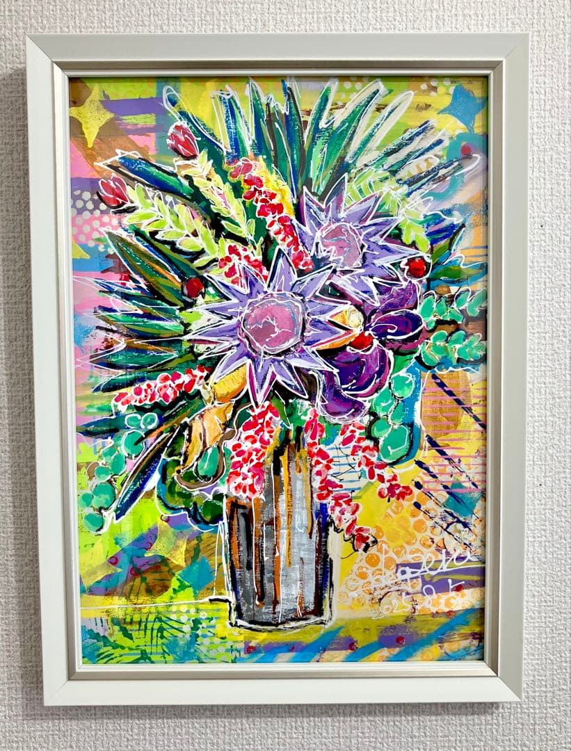 原画　花　額付き　静物画　絵画　アクリル画　現代アート　手描き　一点物