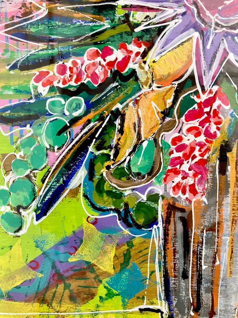 原画　花　額付き　静物画　絵画　アクリル画　現代アート　手描き　一点物