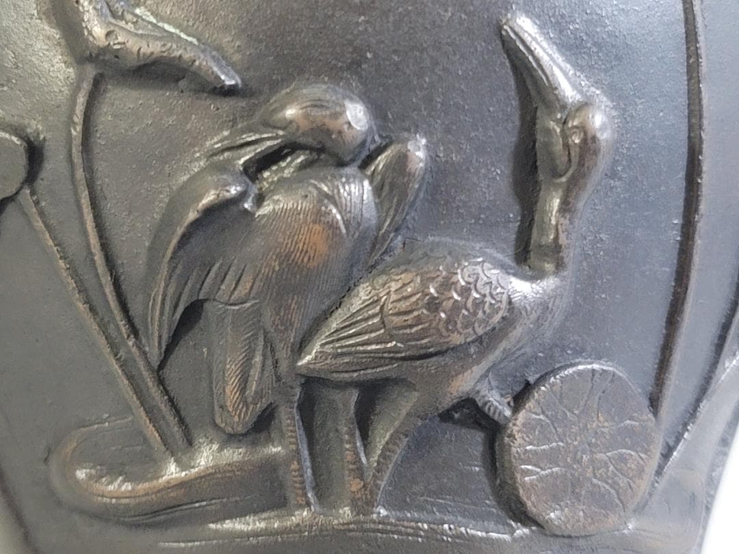 銅 獅子蓋 松鶴 蓮鶴 窓図 香炉 菊紋 DT277