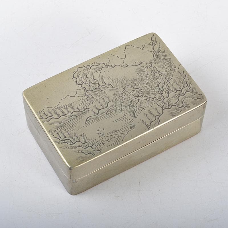 中国美術　古銅　山水人物刻　墨箱　松鶴銘 C R4316