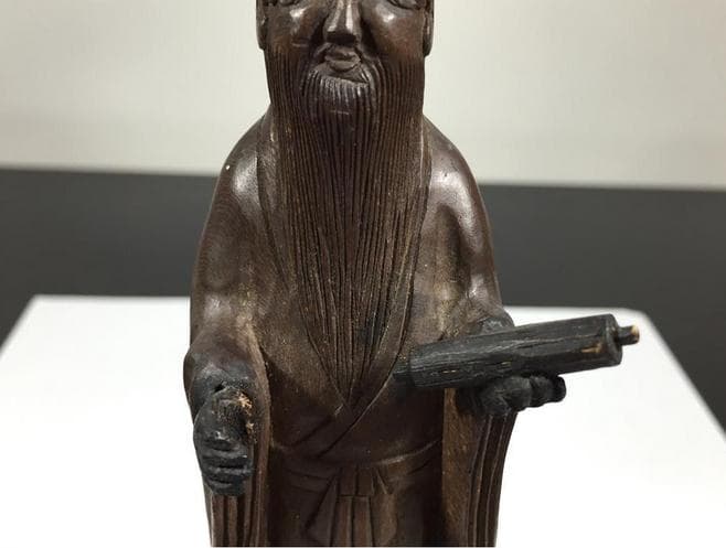 仙人 木彫り 人形 線密彫刻 約14.5cm 巻物 仏像 仙人像 中国美術 古玩