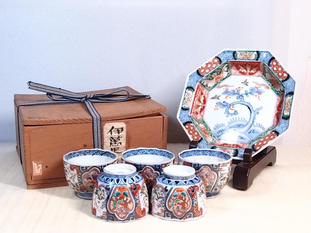 【美品】伊萬里/伊万里/有田焼 七五 八角鉢/八角皿＆小鉢5客 花鳥文 食器磁器