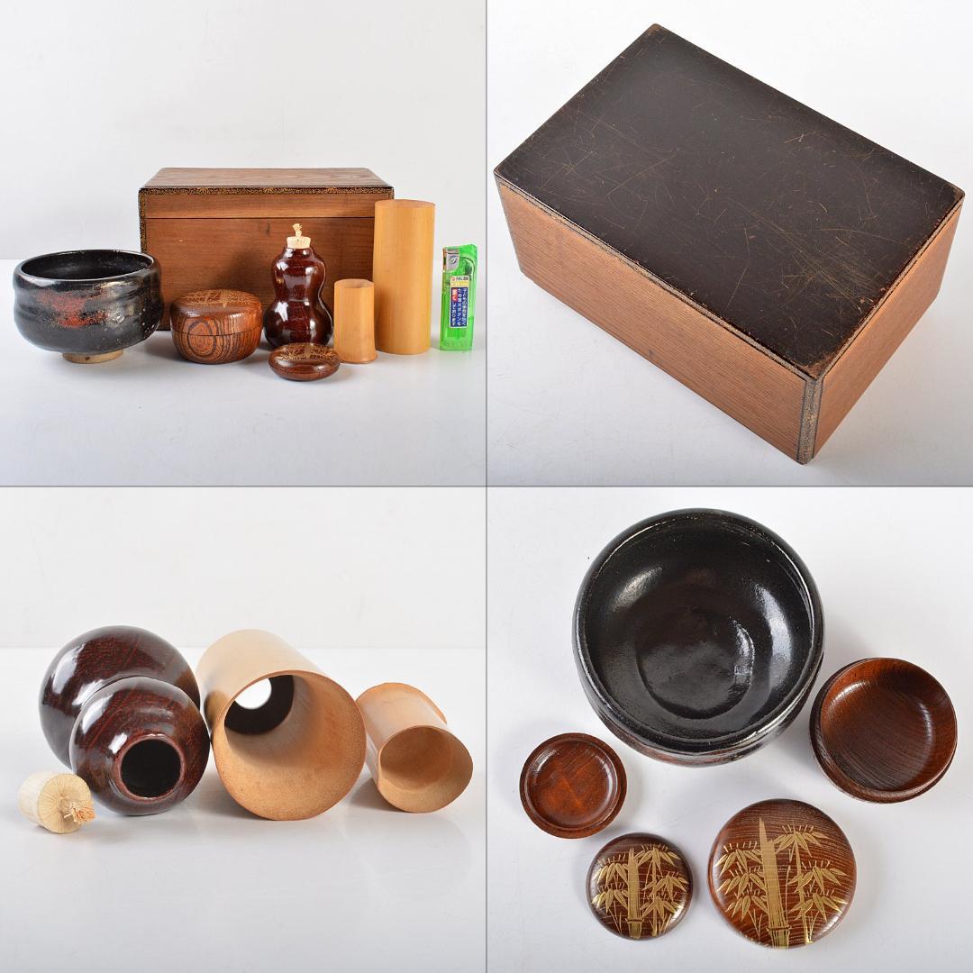 茶道具　唐草蒔絵　唐桑茶箱　黒楽茶碗　棗など　五点まとめて　時代箱　DR5732