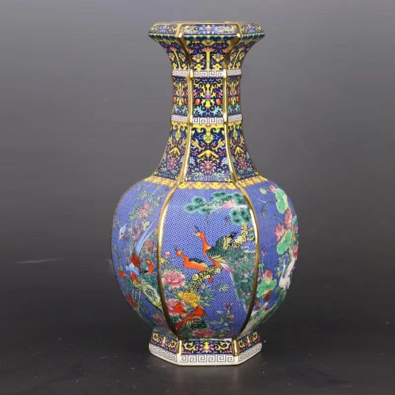 景徳鎮 美品 清朝乾隆  パステル 花鳥六方瓶