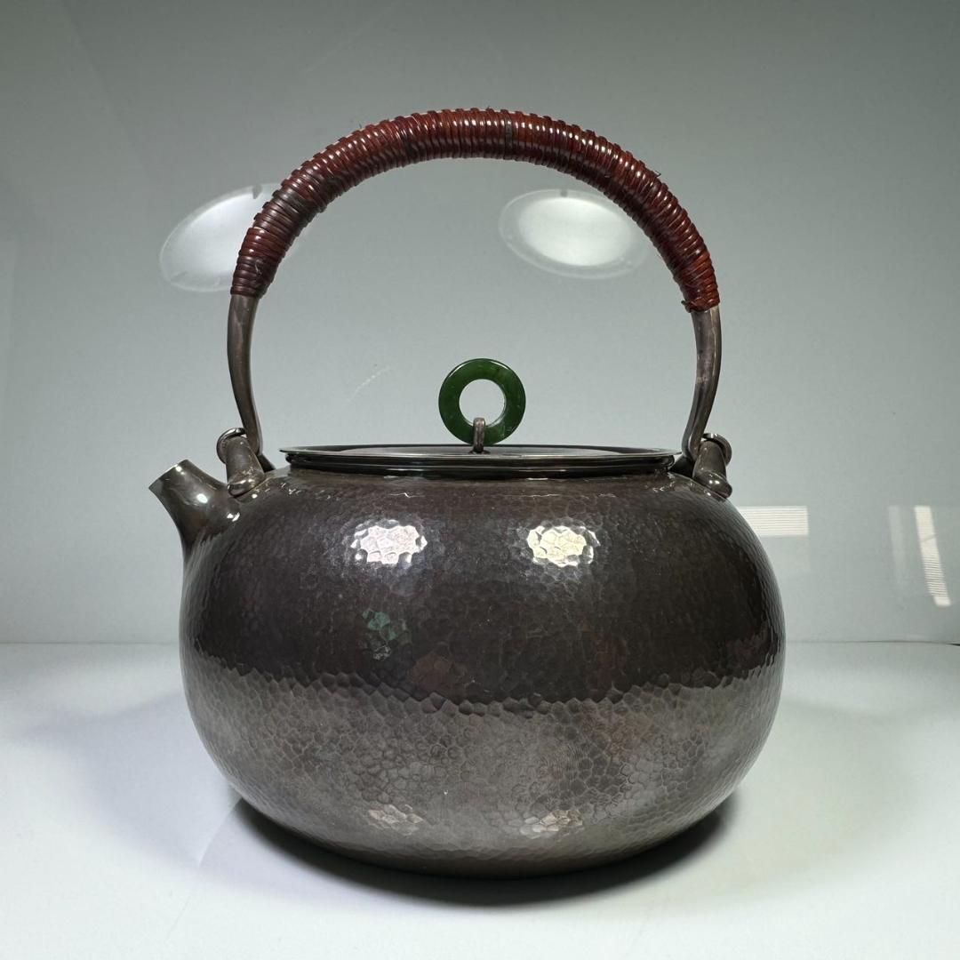 純銀製 羽田花押 寶珠 薬缶 貴石摘 銀瓶 煎茶道具 湯沸 美術品 純銀保証