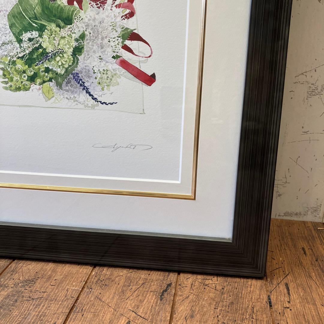 ブルーベリー リボン 花瓶 ガラス 複製画 琉球ガラス 植物 花イラスト 緑